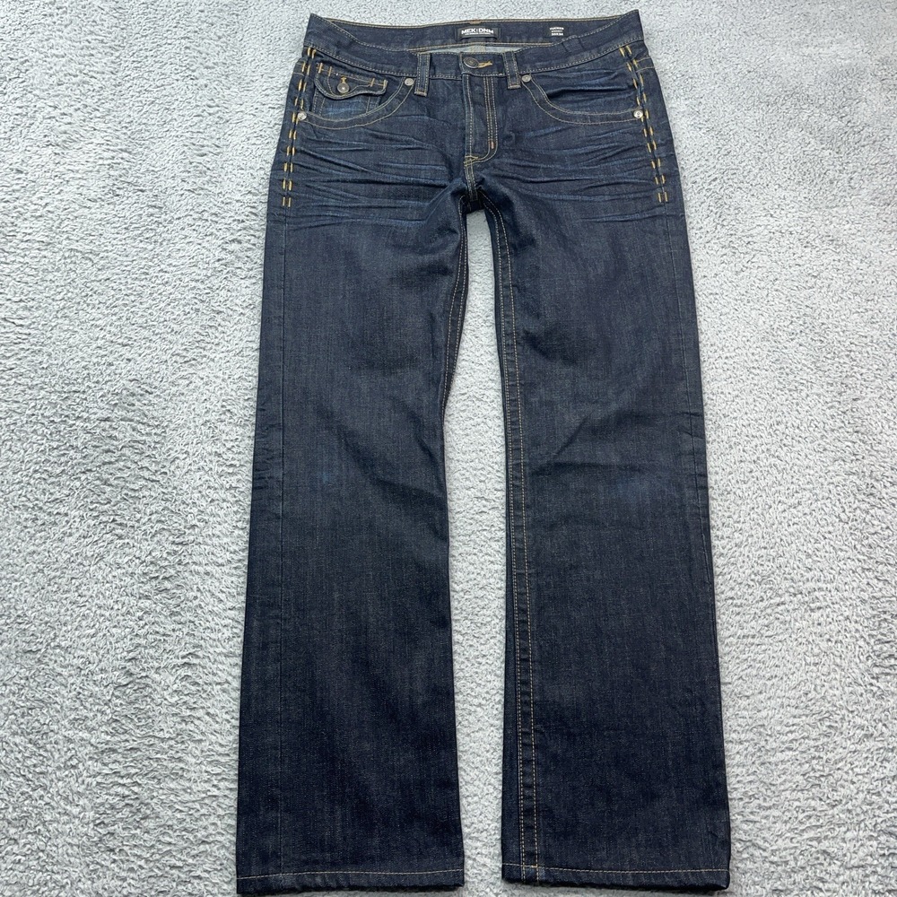MEK DNM Denim Tucker Straight Mens 34x32 Dark Wash Embroidered Jeans Whiskers